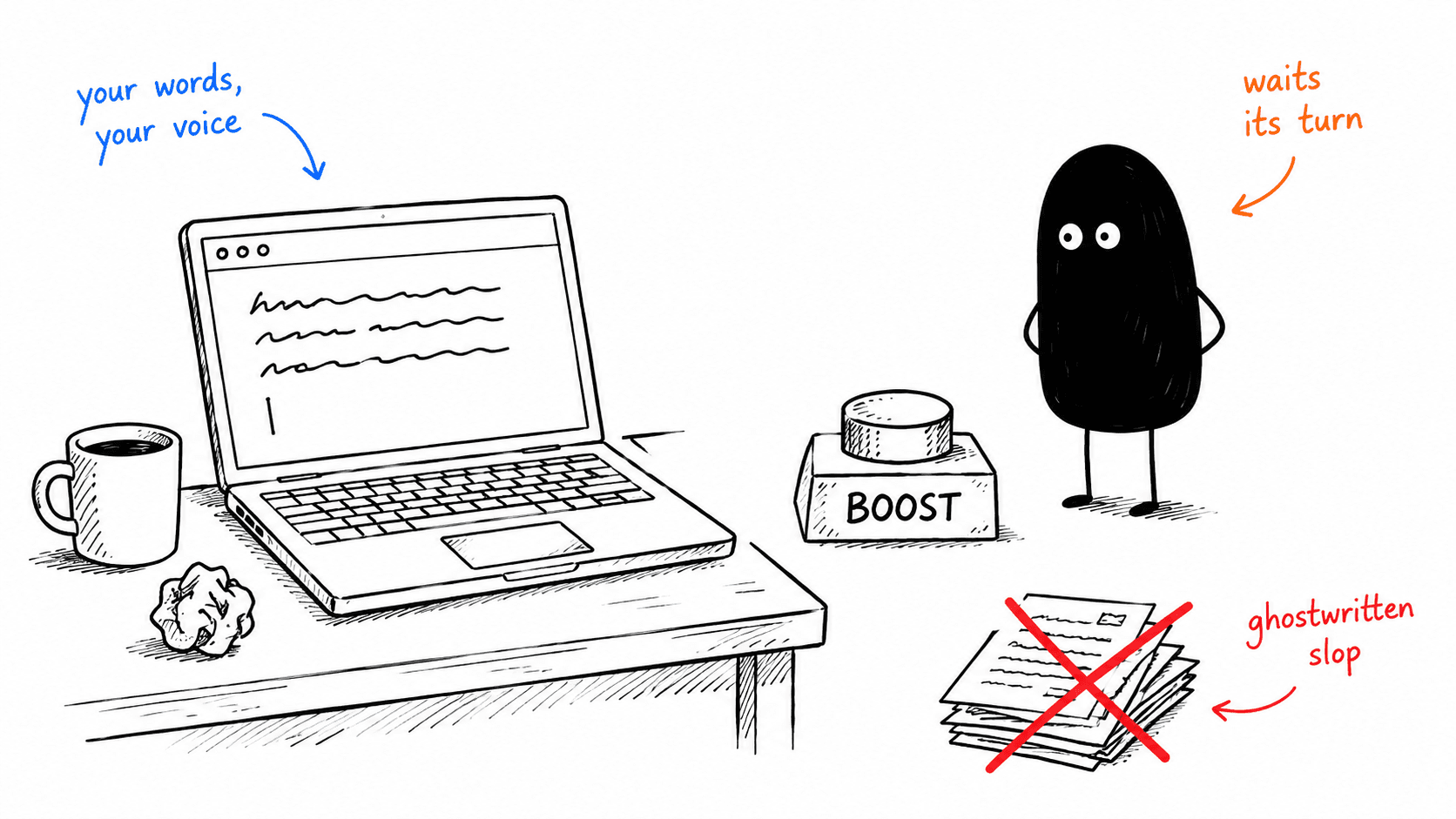 A laptop on a desk with a half-written post on screen, labelled 'your words, your voice'. Beside it the Vyra mascot — a black bean-shaped character — stands with its hands behind its back next to an untouched BOOST button, labelled 'waits its turn'. A stack of papers marked 'ghostwritten slop' is crossed out in red.